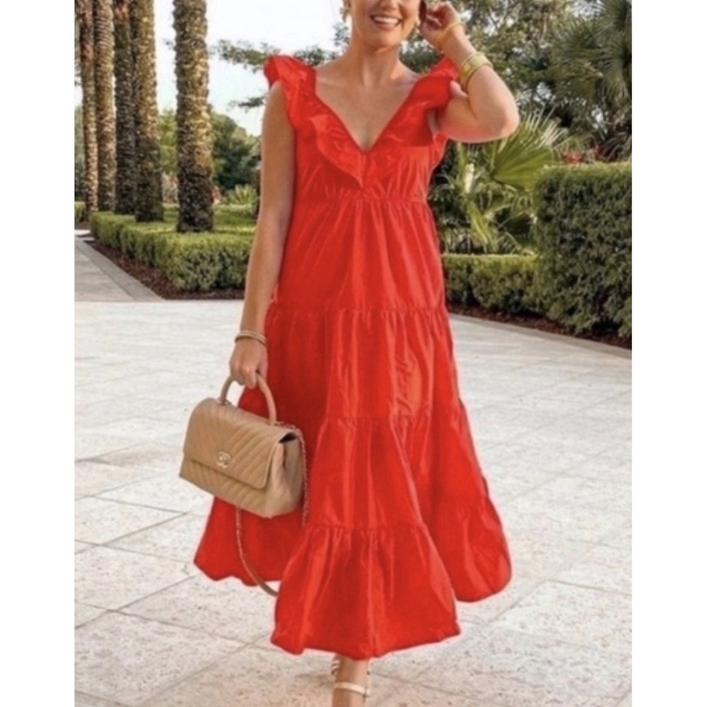 New J. Crew Orange Ruffled Scoopneck Taffeta Maxi Flared Romantic Dress Sz 12